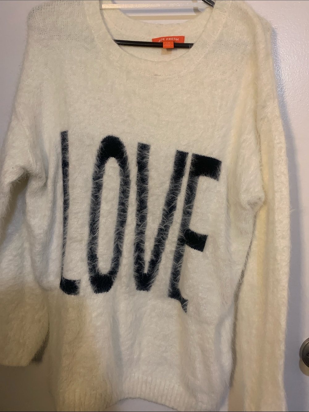 Joe Fresh Cream Fuzzy Crewneck Sweater with Black LOVE Graphic